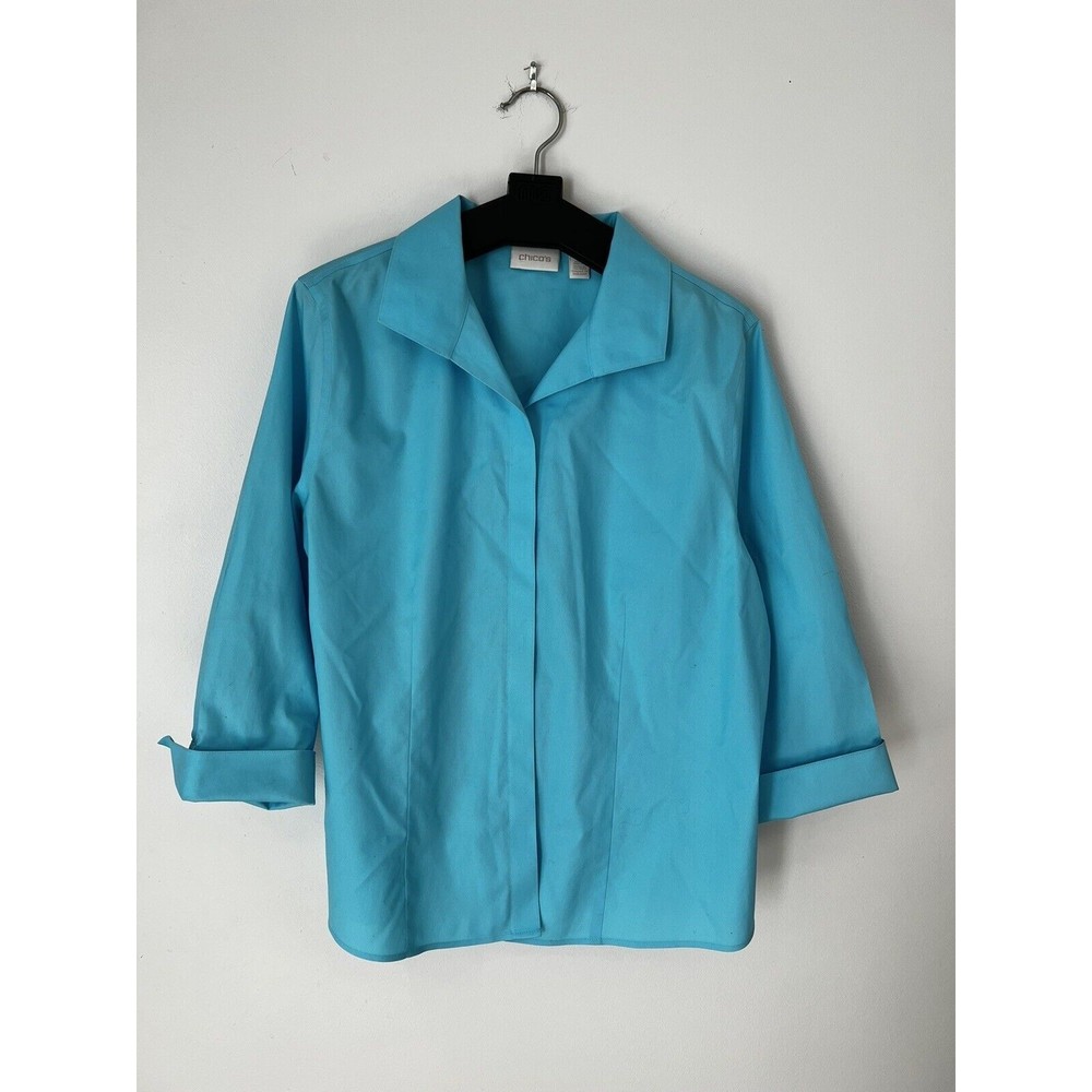 Chico's Shirt size 3 Blue 3/4 Sleeve Collared Buttons No Iron Blouse